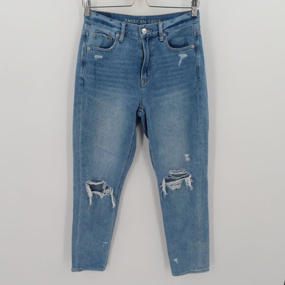 American Eagle Womens 4 Mom Jeans Blue Distressed Destroyed Denim Pants Cotton - Picture 14 of 14
